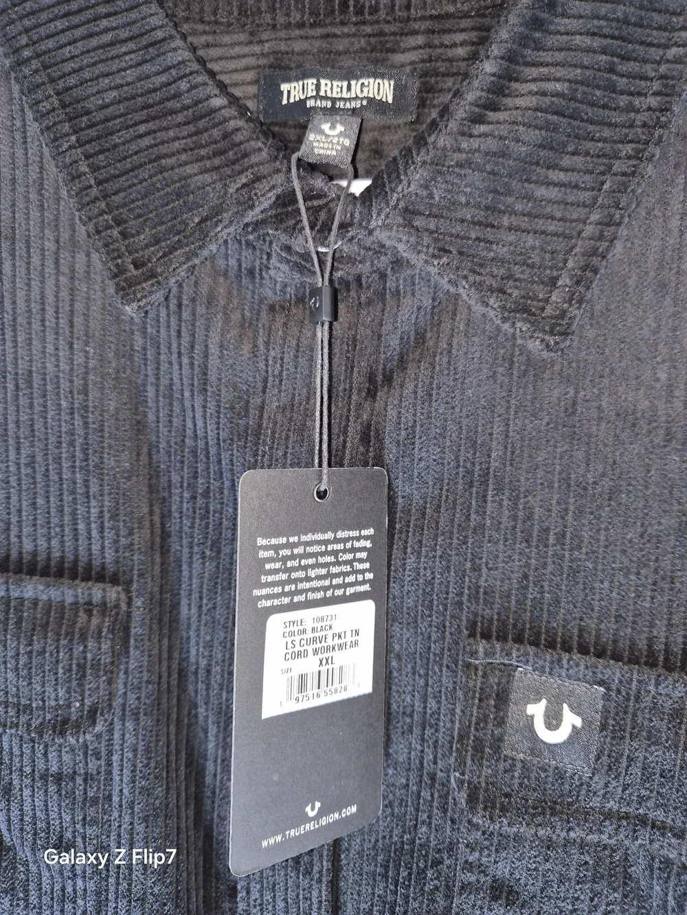 True Religion Men's Black Corded Corduroy Button-Front Shirt Jacket